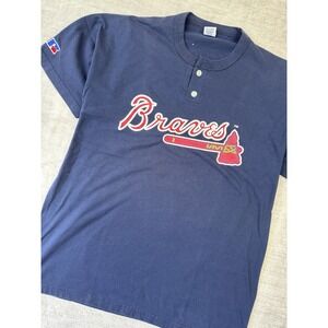 Vintage Atlanta Braves‎ Shirt Mens Large Blue Russell Athletic Vtg 1996 Henley